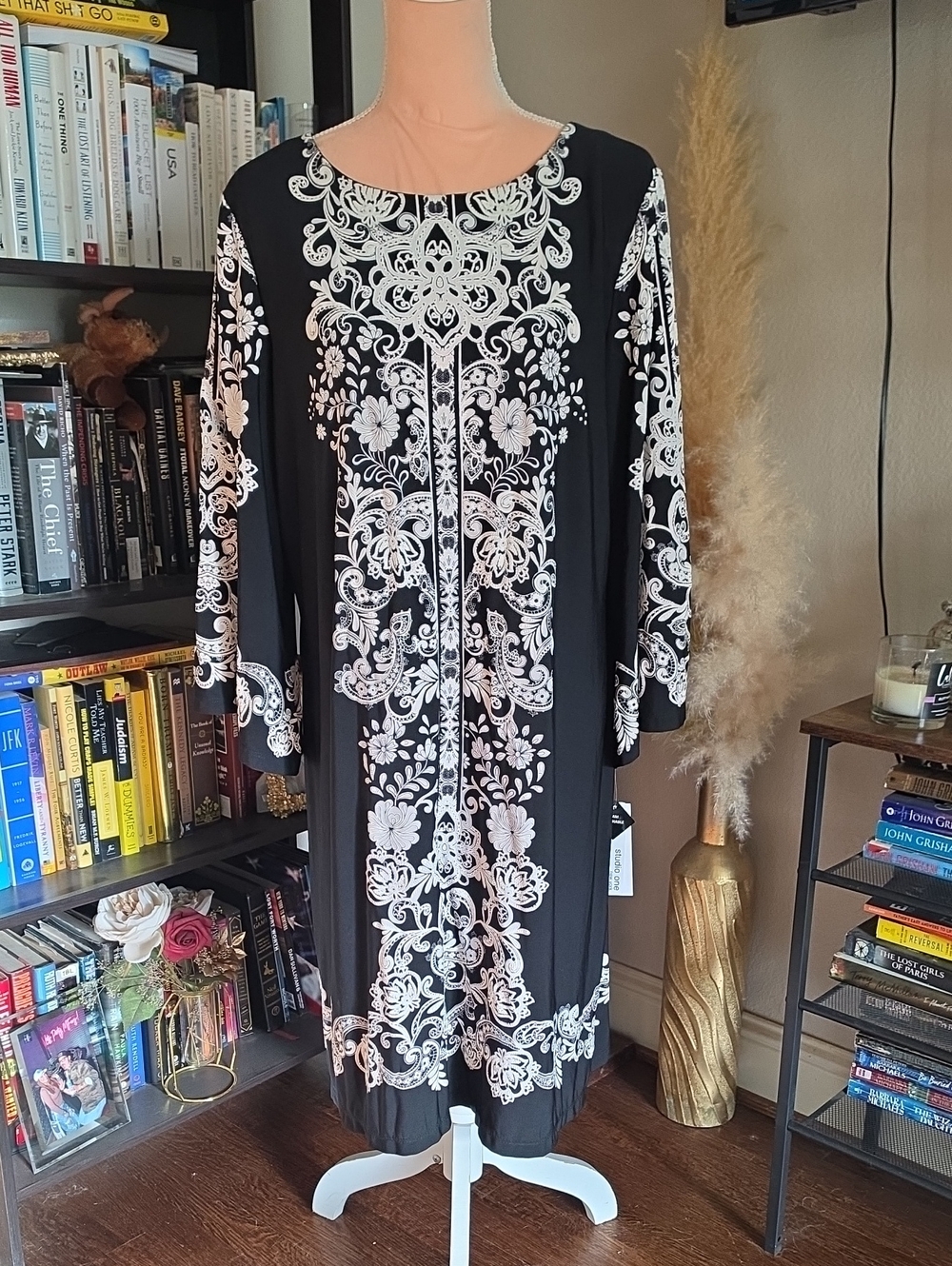 NWT Studio One New York Black & White Floral Long Sleeve Dress Knit 12 Size XL